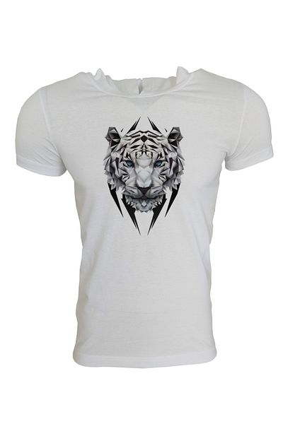 Raf Coll Tricou alb cu glugă imprimat