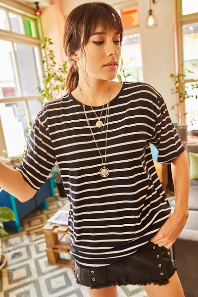 Olalook Γυναικείο μπλουζάκι Casual μαύρο ριγέ TSH-19000283