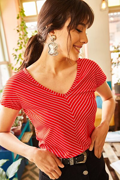 Olalook Women's Red Front Back V Oblique T-shirt TSH-19000282