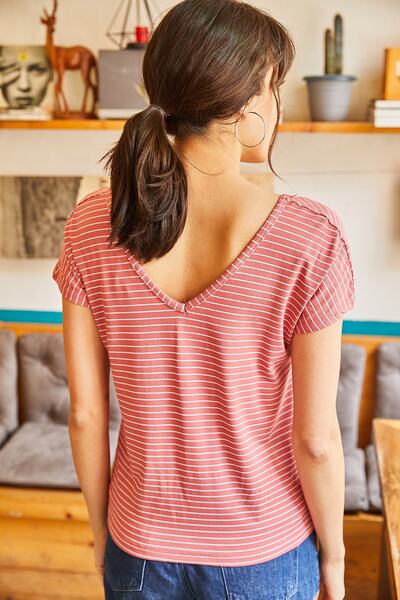 Olalook Γυναικείο μπλουζάκι Dusty Rose Μπροστινό πίσω V λοξό TSH-19000282