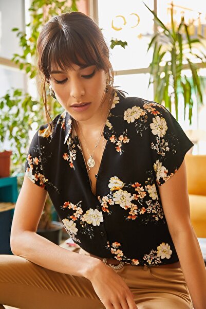 Olalook Women's Black Mustard Floral Bat Viscose Shirt GML-19000613