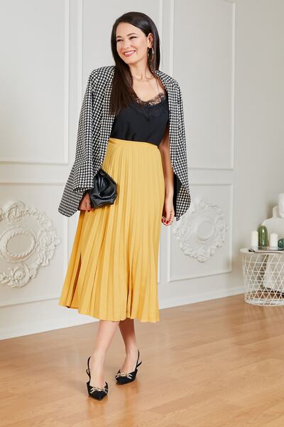 Sateen Kadın Sarı Midi Piliseli Etek STN139KET145