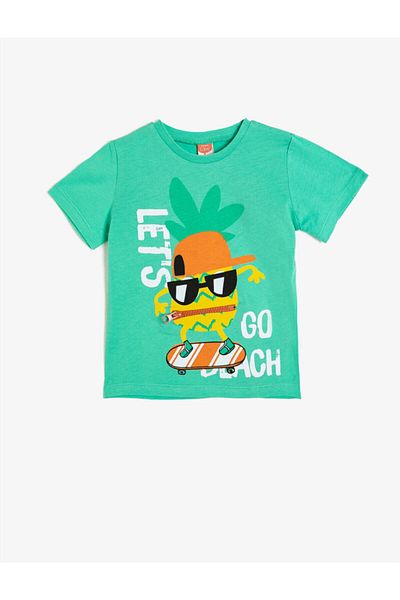 Koton Baby Boy Green Printed Short Sleeve Crew Neck T-Shirt