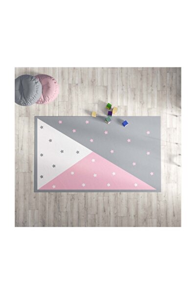 Evmila Pembe Gri Beyaz Yıldızlı Baskı Kalın 7mm Halı Modeli Km0002