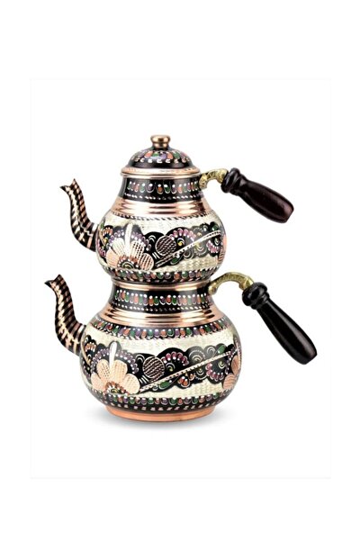 VayaPera Küçük Boy Erzincan Işi Işlemeli Mineli 1mm Kalın Bakır Otantik Ahsap Saplı Çaydanlık Takımı 3-4 Kişi