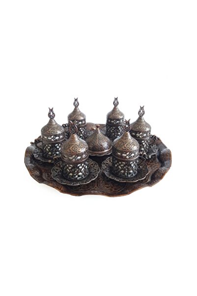 6 Kişilik Antik Bakır Osmanlı Sarmaşık Desenli Laleli Kahve Fincanı Set - Eskitme Bakır Fincan Takım
