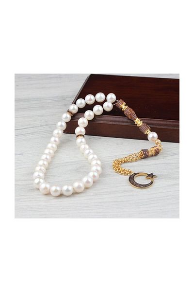 Tesbihsepetim Natural Zircon Stone Silver Tasseled Pearl Rosary