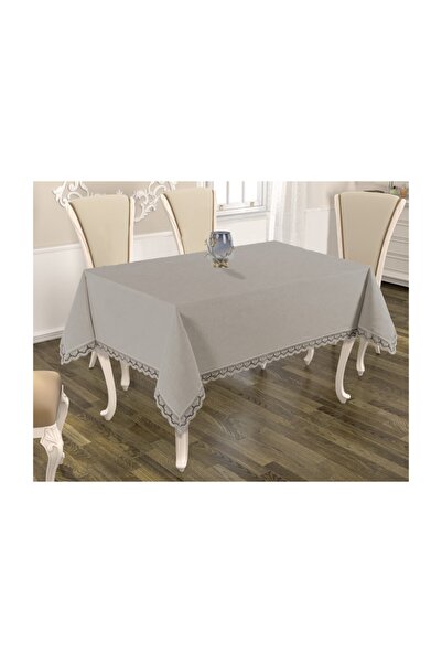 Epelux Lüx Fransız Güpürlü Keten (Sedef Simli) Masa örtüsü Gri 160x220 (Derts...