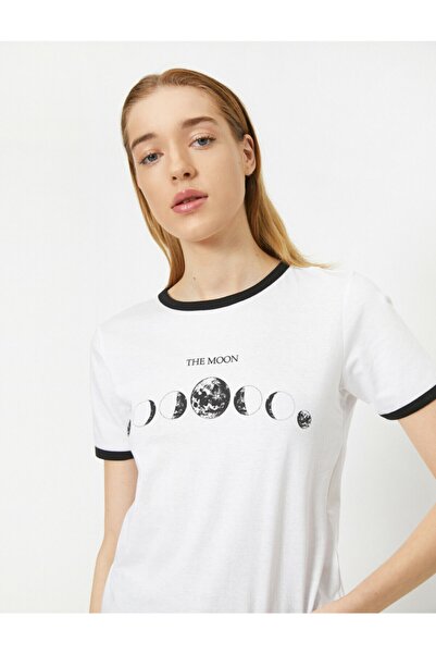 Koton Damska koszulka z krótkim rękawem i nadrukiem, z okrągłym dekoltem