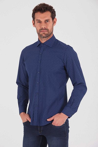 Hatemoğlu Тъмносиня спортна риза с дълъг ръкав Slim Fit с щампа