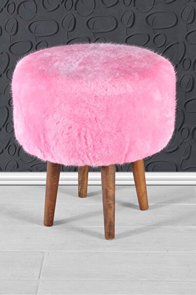 FALEZ MOBİLYA AKSESUAR Pembe Ahşap Ayak Peluş Puf