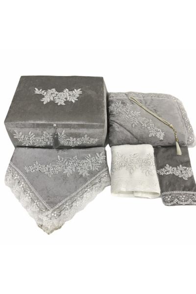 Lamazihome Gray Prayer Rug Set with Storage Dowry Set Bundle Towel Set 6 Pieces