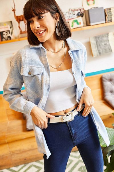 Olalook Жіночий салат Bebe синій з подвійною кишенею в клітинку Gomlek GML19000732