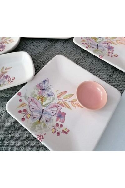 Demet Çeyiz Breakfast Set 23 Pieces Matte Pink Butterfly for 6 People
