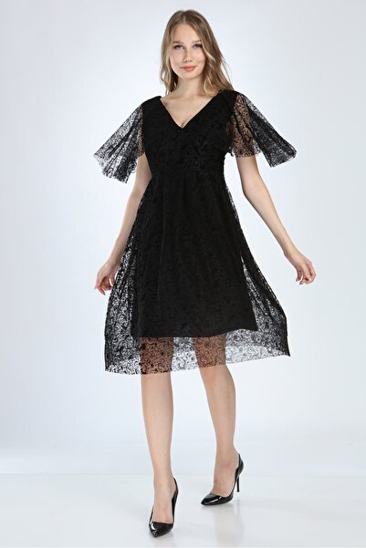MODA LABİO Kadın Siyah Kol Kısa Dantelli Elbise