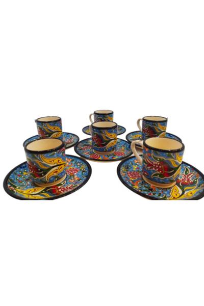 Dost Art Hediyelik 6 Kişilik El Yapımı Fırça Boyama Çini Lale Desen Kahve Fin...