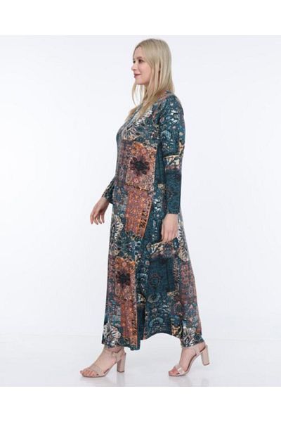 Mezura Rochie de damă, albastru, verde, cu model etnic, mărime mare