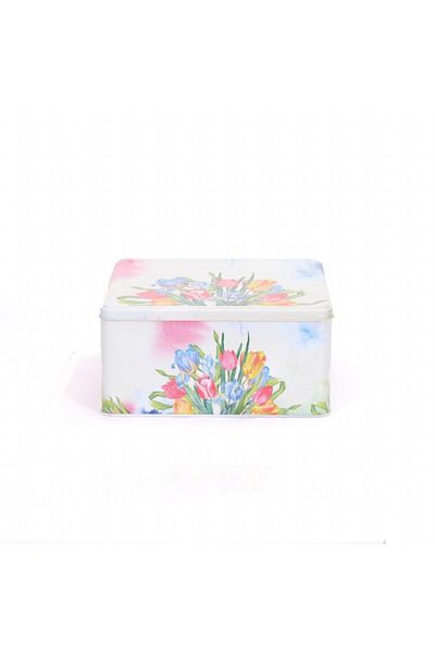 EVLE Ef029-30 Flower Tulip Patterned Square Metal Storage Container 24x24 Cm