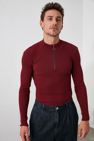 Trendyol Collection Burgunderroter, gerippter Baumwollpullover mit Kragen und Reißverschluss TMNAW20KZ1034