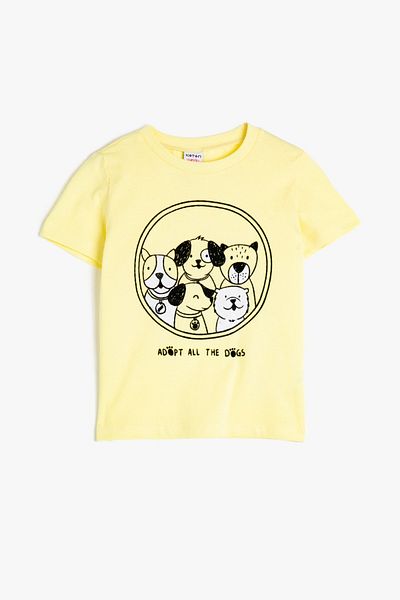 Koton Boy's Yellow Crew Neck Letter Printed Short Sleeve T-Shirt