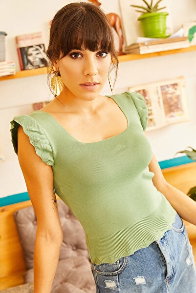 Olalook Γυναικεία καλοκαιρινή πλεκτή μπλούζα με πράσινο πράσινο βολάν με μανίκια BLZ-19001035