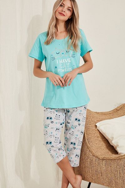 VİENETTA Blue Cotton Capri - Σετ γυναικεία πιτζάμα με κοντό μανίκι