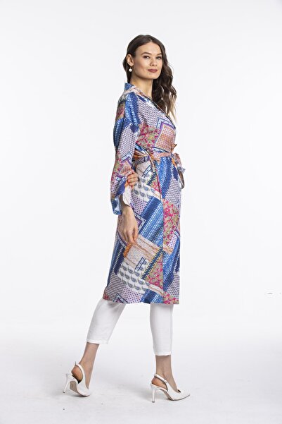 Pitti Women's Blue Patterned Belted Kimono 60350