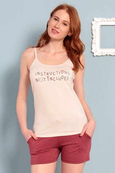 VİENETTA Women's Beige Rope Strap Regular Size Lycra Cotton Shorts Pajama Set