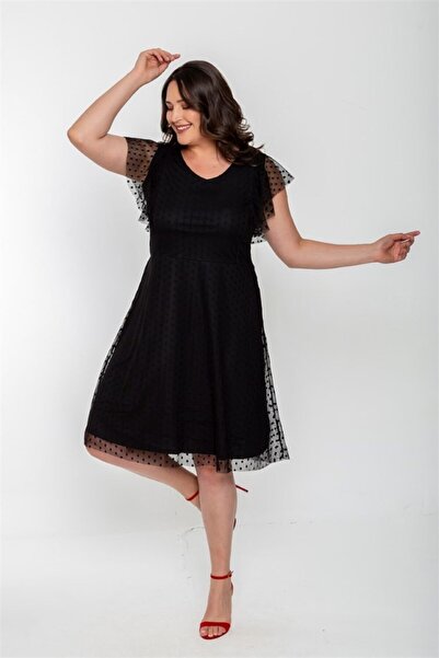 Seamoda Flounce Sleeve Polka Dot Tulle Short Dress-Black