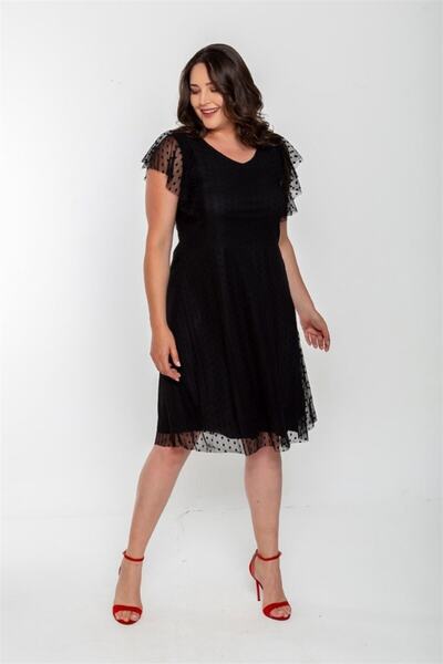 Seamoda Flounce Sleeve Polka Dot Tulle Short Dress-Black