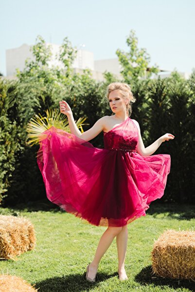 minel aşk Kadın Vişne Pullu Kristal Boncuklu Prenses Tül Abiye Elbise