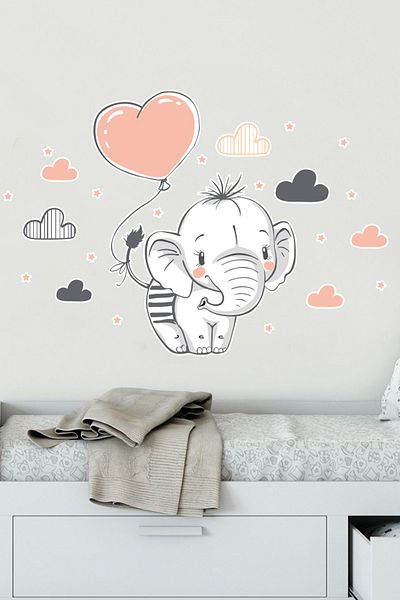 Tilki Dünyası Autocolant pentru cameră pentru copii drăguț elefant nori și stele