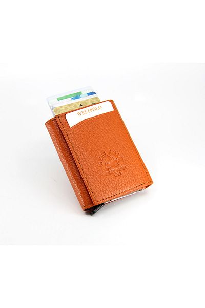 WEST POLO CÜZDAN Genuine Leather Men's Wallet with Orange Money Compartment and Mechanism