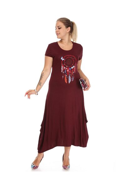 MJORA Rochie de damă bordeaux cu model etnic detaliat din viscoză de mărime mare