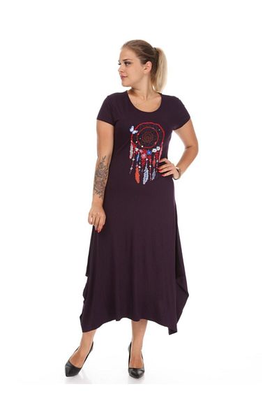 MJORA Women's Purple Ethnic Pattern Detailed Viscose Plus Size Dress