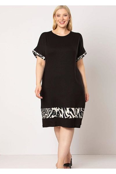 Şirin Butik Γυναικείο φόρεμα με μαύρη ρίγα λεοπάρ με λεπτομέρεια βισκόζης