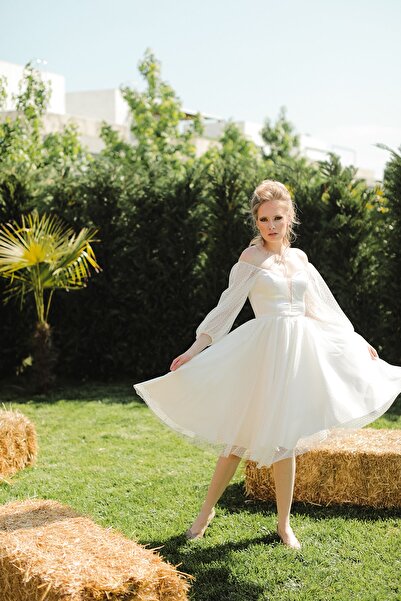 minel aşk Kadın Ekru Puantiye Tüllü Midi Abiye Elbise