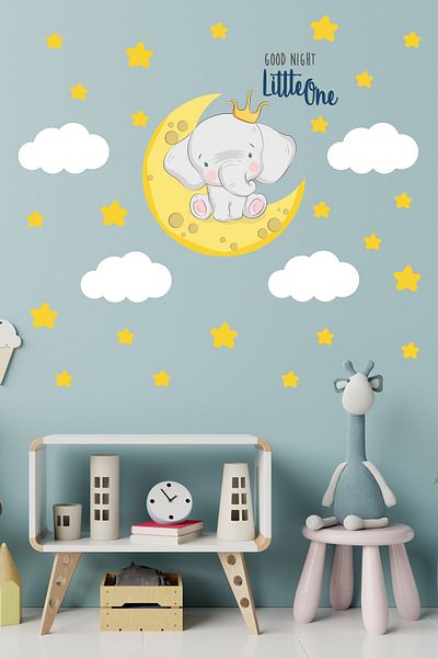 Tilki Dünyası Autocolant pentru cameră pentru copii cu elefant pe lună și scris de noapte bună