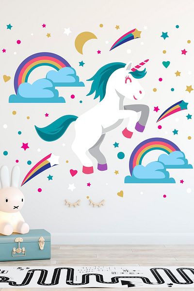 Tilki Dünyası Autocolant pentru cameră pentru copii Unicorn, Rainbow Clouds Concept