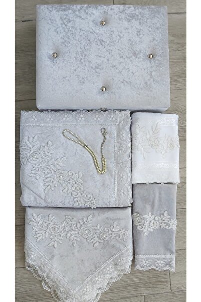 Lamazihome Sandıklı Seccade Seti Çeyizlik 6 Parça Gelin Seti Kadife - Gri