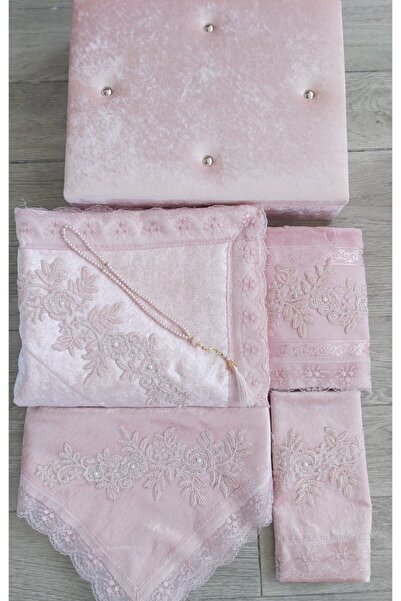 Lamazihome طقم سجادة صلاة مع صندوق مهر 6 قطع طقم زفاف مخملي - مسحوق