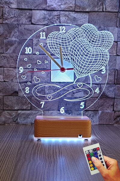 Vipyol Sevgili Hediyesi 3 Kalp Tasarım Saatli 3d Gece Lambası 16 Renkli Lamba
