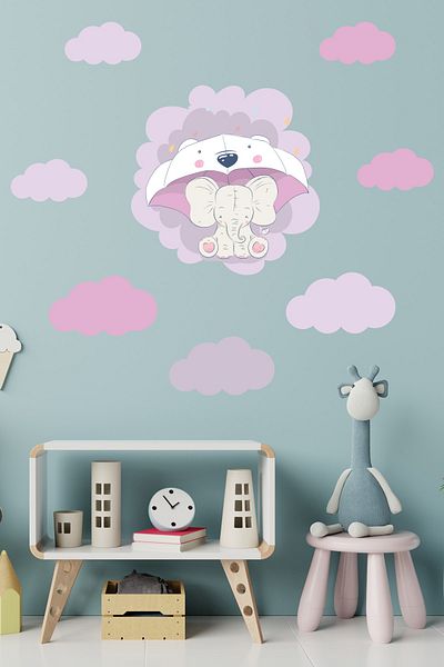 Tilki Dünyası Colorful Clouds Cute Elephant Concept Kids Room Sticker