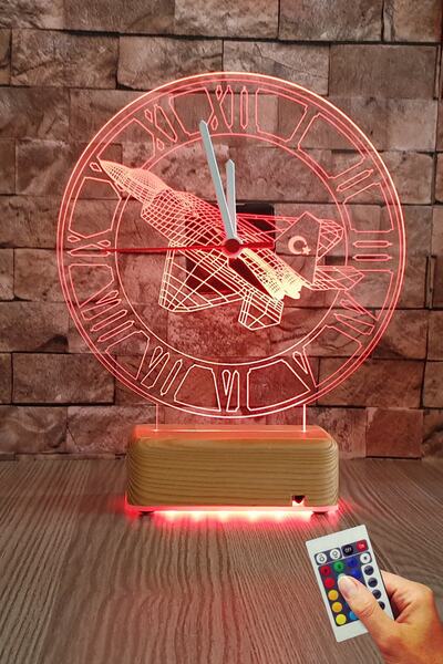 Vipyol Türk F16 Saatli Masa Lambası 3d Gece Lambası 16 Renk Doğum Günü Hediyesi