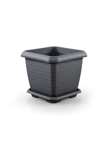 KıtayGroup Dekoratif Hisar Kare Saksı Antrasit Renk 37 Cm, 25.5 Litre Tabak D...