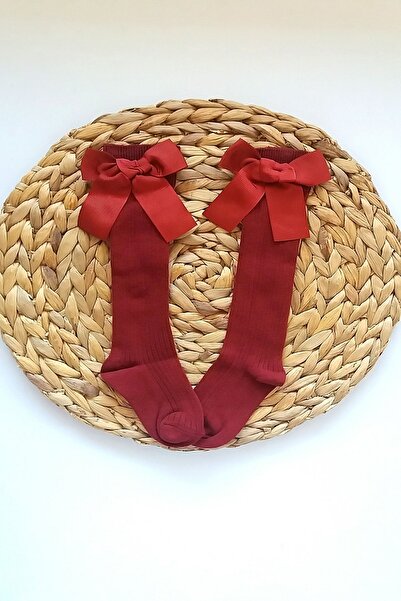 Asa Bebek Çocuk Kız Bebek Fiyonklu Diz Altı Bordo Çorap