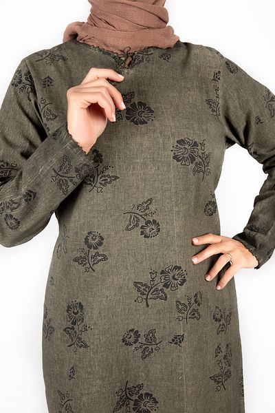 Kardelen Butik Ümraniye Women's Şile Cloth Long Sleeve Khaki Dress