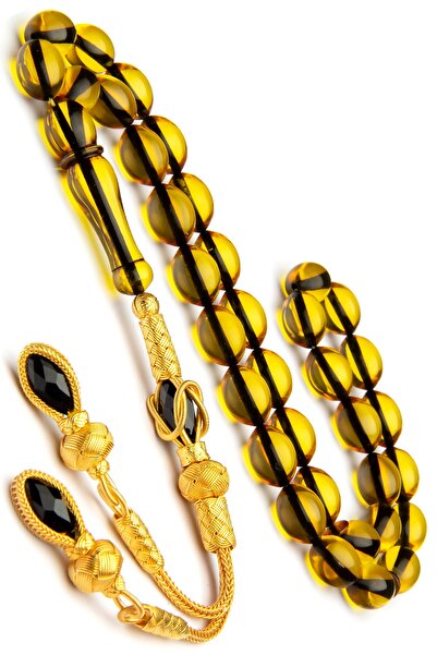 OTTOTESBİH Altın Kaplama 1000 Ayar Gümüş Kazaz Kamçılı 8x12mm Bal Rengi Ateş Kehribar Tesbih