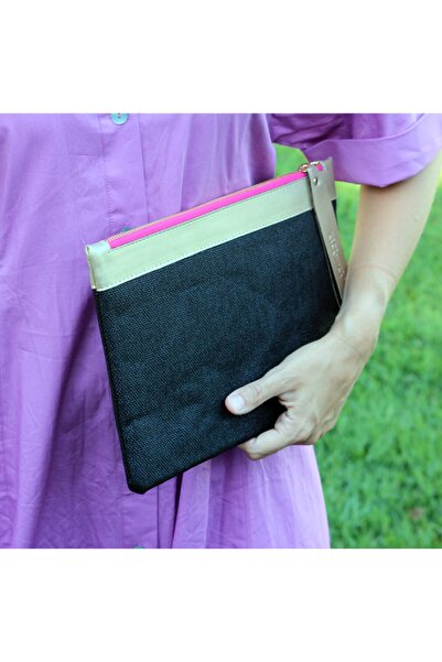 uniq Women's Black Glittered Canvas Etamine Knitted Clutch Bag