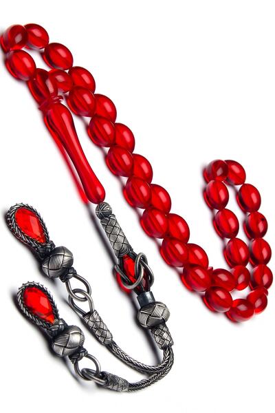 OTTOTESBİH Κόκκινο ανδρικό χάντρες προσευχής 7x11mm - Κεχριμπάρι φωτιάς με ασ...